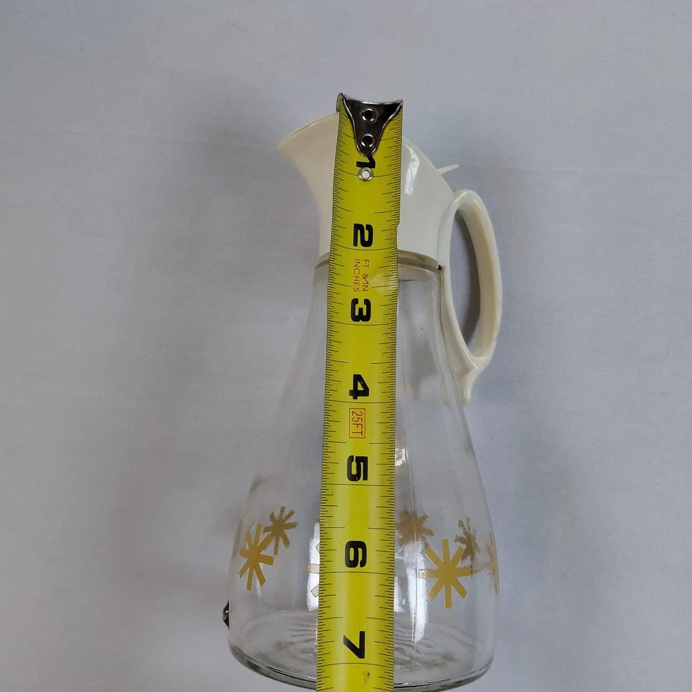 Vintage Log Cabin Syrup Pitcher Glass Dispenser Gold Atomic Starburst